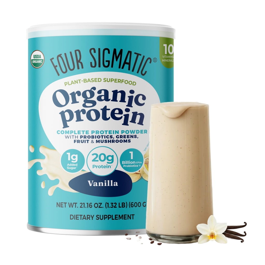 Four Sigmatic Organic Vegan Protein Powder | 18g Plant-Based Protein per Serving | Gluten Free, Dairy Free, Soy Free, Non-GMO with No Filler Ingredients | 21.16oz, 15 Servings | Vanilla