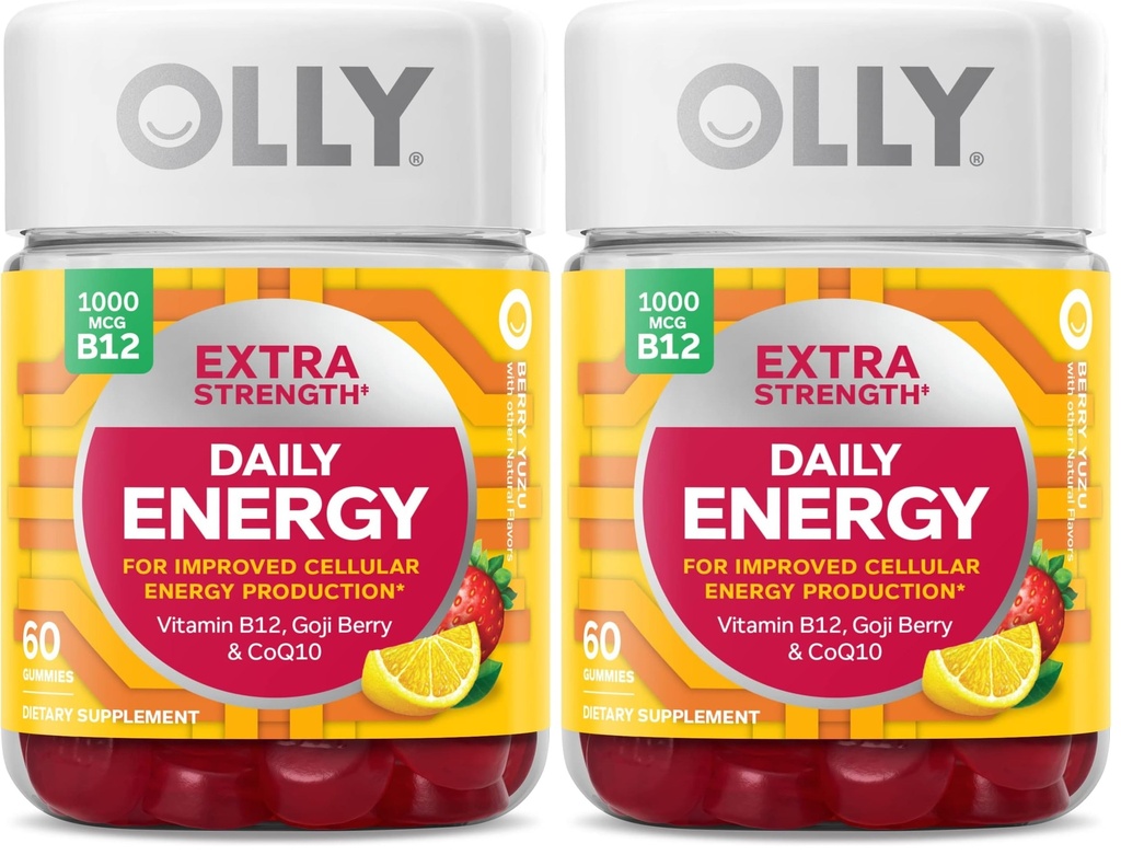 OLLY Extra Strength Daily Energy Gummy,Caffeine Free,1000mcg Vitamin B12,CoQ10,Goji Berry,Adult Chewable Supplement,Berry Yuzu Flavor -,60 Count (Pack of 2)