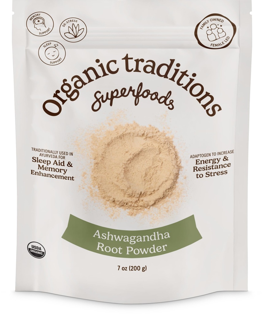 Organic Traditions Ashwagandha Root Powder, Organic Ayurvedic Herb From Whole Root For Mixing Into Drinks, Adaptogenic Ingredient Traditionally Used For Energy Balance And Nighttime Rituals, 200g /7oz