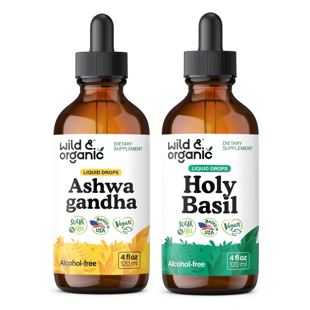 Wild & Organic Ashwagandha Tincture 4 fl oz & Holy Basil Tincture 4 fl oz