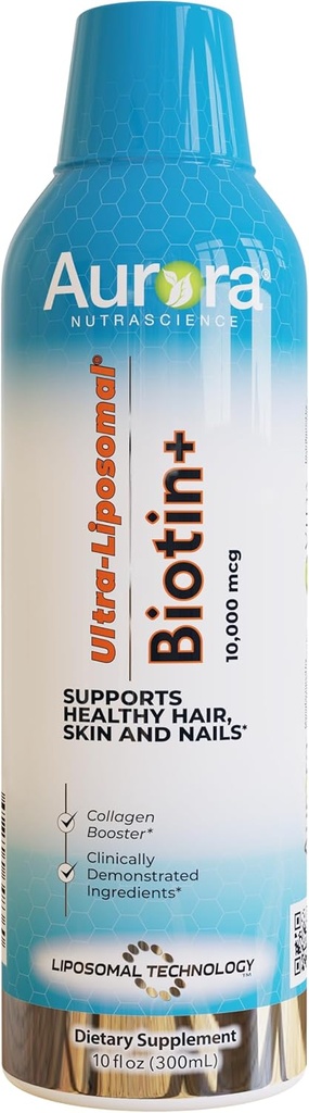 Aurora Nutrascience Ultra-Liposomal Biotin 10,000 mcg Collagen Booster, תומך שיער בריא, Skin & Nails, Carmel Flavor, 30 משרתים, 10 oz
