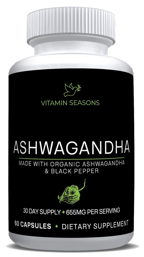 Organic Ashwagandha 650mg + Organic Black Pepper 5mg | Extra Strength Root Extract | Stress Relief | 60 Vegetarian Capsules | Non-GMO | Made in USA