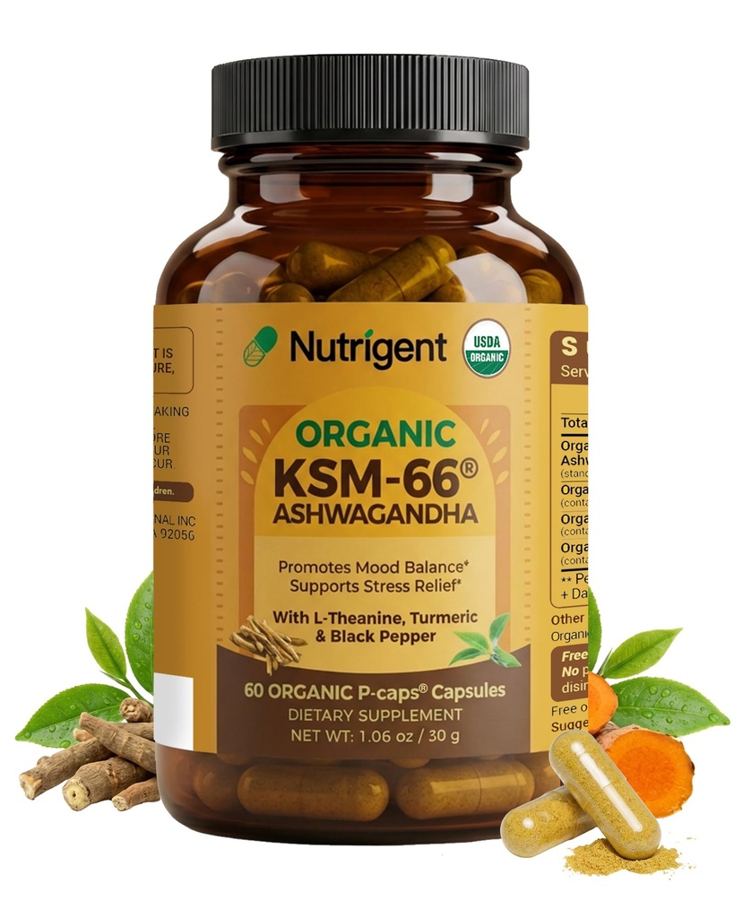 USDA Organic KSM-66 Ashwagandha 600mg with Organic L-Theanine, Turmeric & Black Pepper, Supports Calm, Focus, Relaxation & Overall Well-Being, 60 Capsules