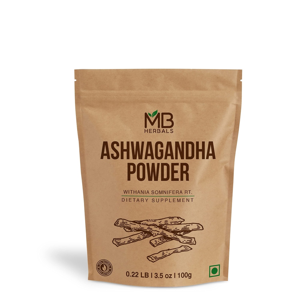 MB Herbals Pure Ashwagandha Powder 100 Gram (3.5 oz) | Lab Tested | Indian Ginseng | Withania somnifera Root Powder | No Preservatives