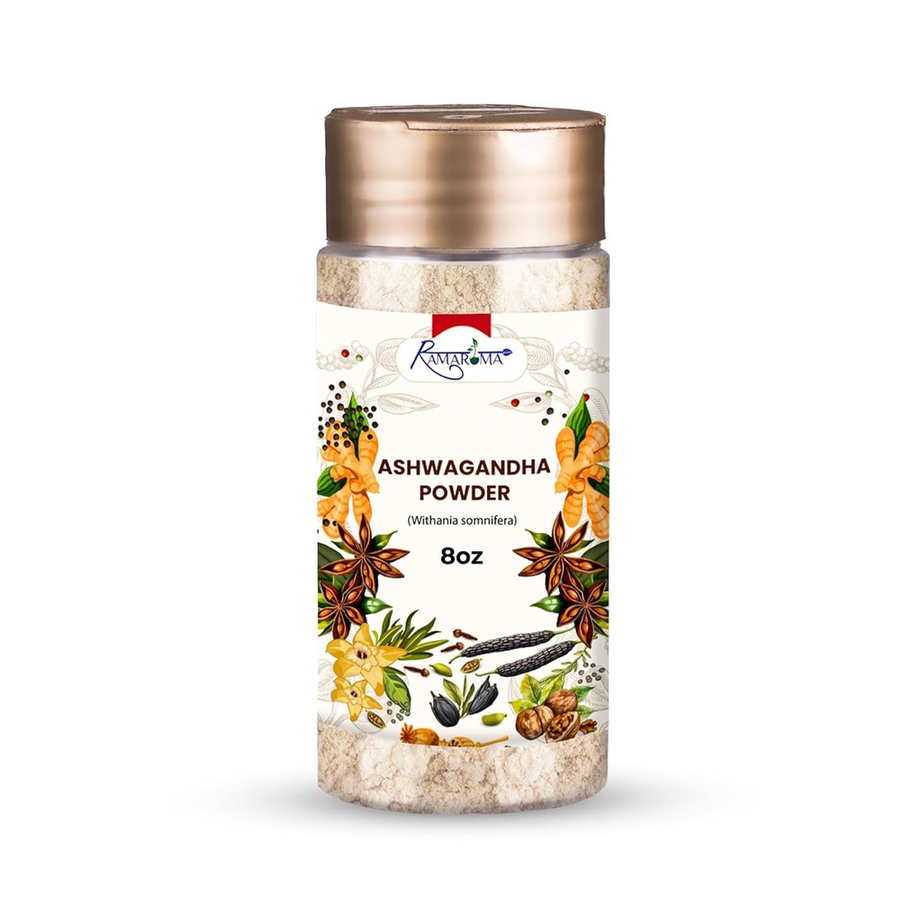 Ramaroma Ashwagandha Root Powder 8 oz (226 g), Premium Withania Somnifera, Dual Shifter Jar for Easy Use