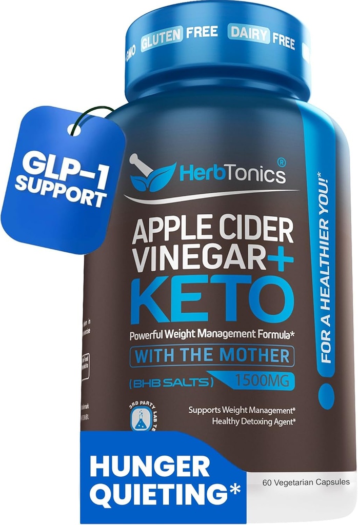 Herbtonics GLP-1 지원 보충교재 – Apple Cider Vinegar 캡슐 & Keto BHB | 여성 및 남성을위한 Keto 다이어트 알약 | 식욕 및 대사 기능 지원 | 60 Keto ACV 캡슐