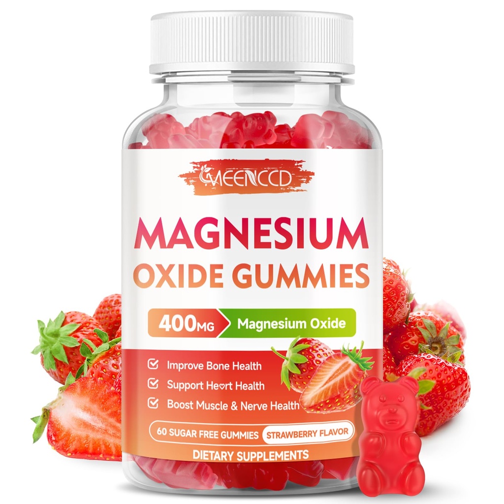 Magnesium Oxide Gummies 400mg, Chewable Magnesium Oxide Supplement for Adults & Kids, Muscle Function Support, Non-GMO, Sugar-Free, Strawberry Flavor, 60 Count