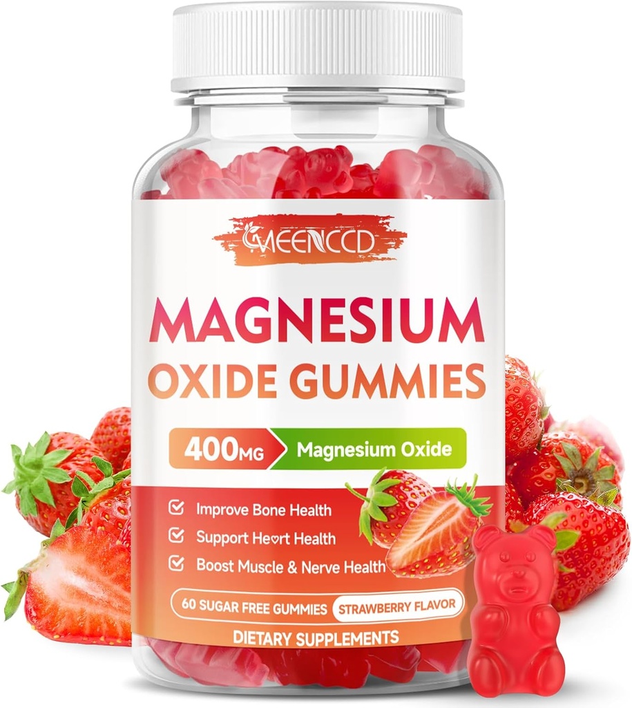 Magnesium Oxide Gummies 400mg, Chewable Magnesium Oxide Supplement for voksne & børn, Nerve & Muscle Support, Non-GMO, Sugar- Free, Strawberry Flavor, 60 Greve