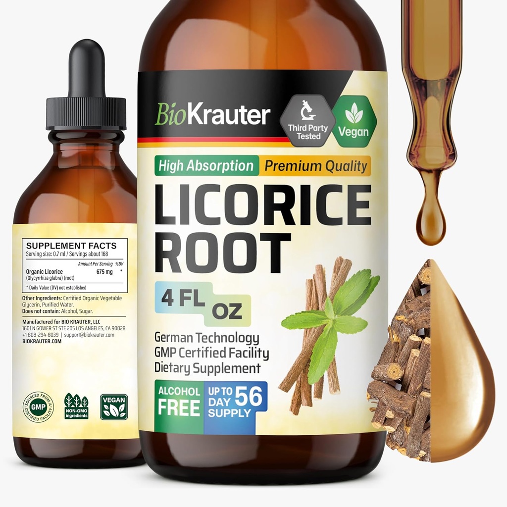 BIO KRAUTER Licorice Root Tincture - Digestive Support üçün Licorice Kök Ekstraktı - Alkol və Sugar Free - Vegan Drops 4 Fl.Oz.