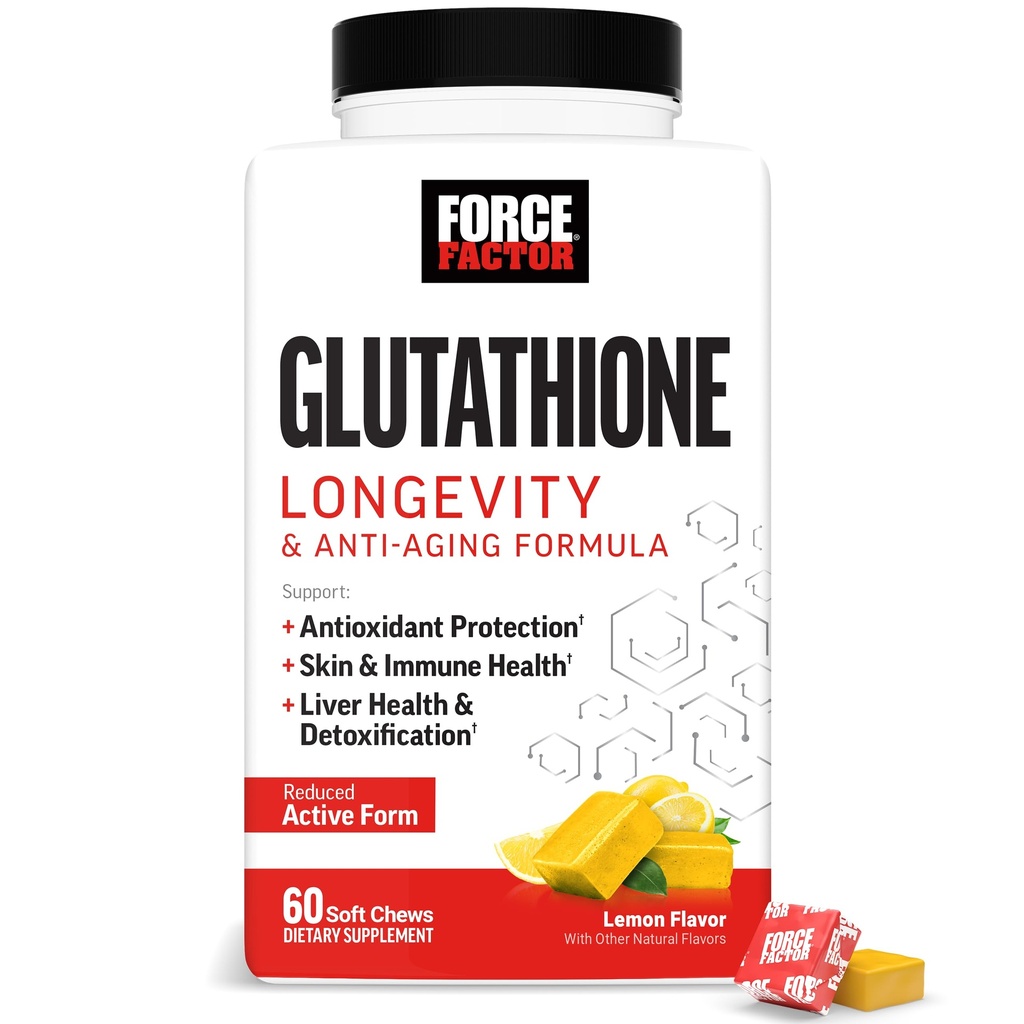 Force Factor Glutathione Longevity & Anti-Aging with 500mg Reduced Glutathione, Master Antioxidant to Support Immune Health, Skin, Cellular Energy & Liver Detox, Lemon Flavor, 60 Soft Chews