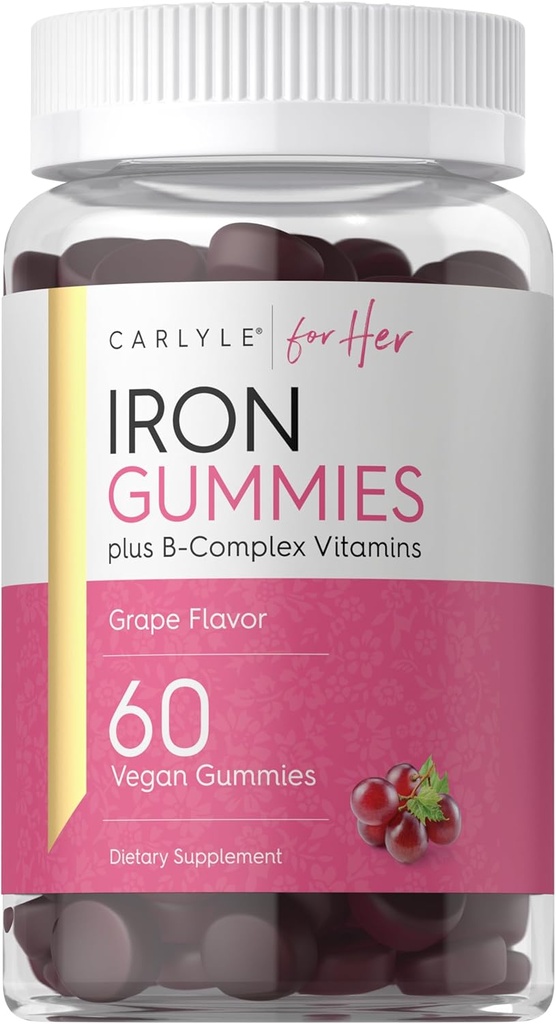 Carlyle Iron Gummies Plus B-kompleks vitaminer | 60 Vegan Gummies | Grape Flavor | Ikke-GMO, Glutenfri Supplement