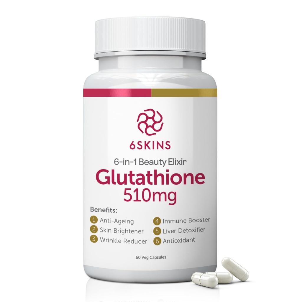 6SKINS®6in1 Beauty Elixir with Liposomal Glutathione 510mg | Glutathione Supplement 4X Better Absorption - Immune Support, Liver Detox, Powerful Antioxidant for Healthier Skin - 60 Capsules