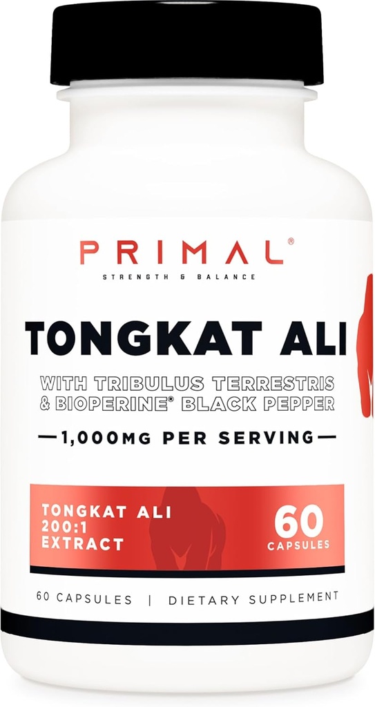 Cápsulas Primal Tongkat Ali (60 Cápsulas / 30 Servings, 1.000 mg por serviço) - Suplemento Long Jack para Homens, Sem Glúten, Suplemento Nutricional Herbal Não-GMO