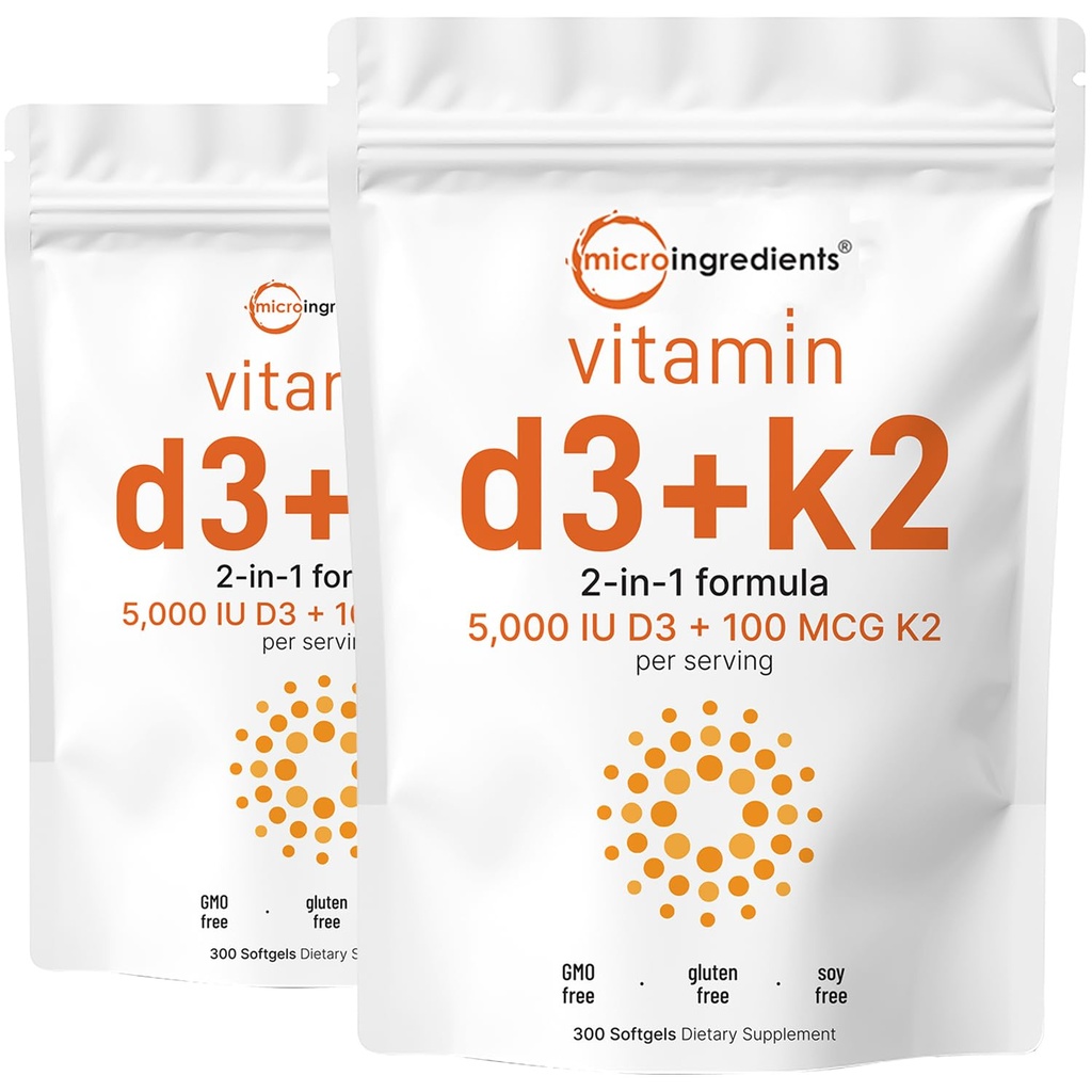 Micro Ingredients Vitamin D3 5,000 IU + K2 MK-7 100 mcg, 2 Pack (600 Softgels) | Liquid-Filled with Sunflower Oil | 2-in-1 Vitamins D & K Complex | Extra Strength, Easy to Swallow, Non-GMO, No Gluten