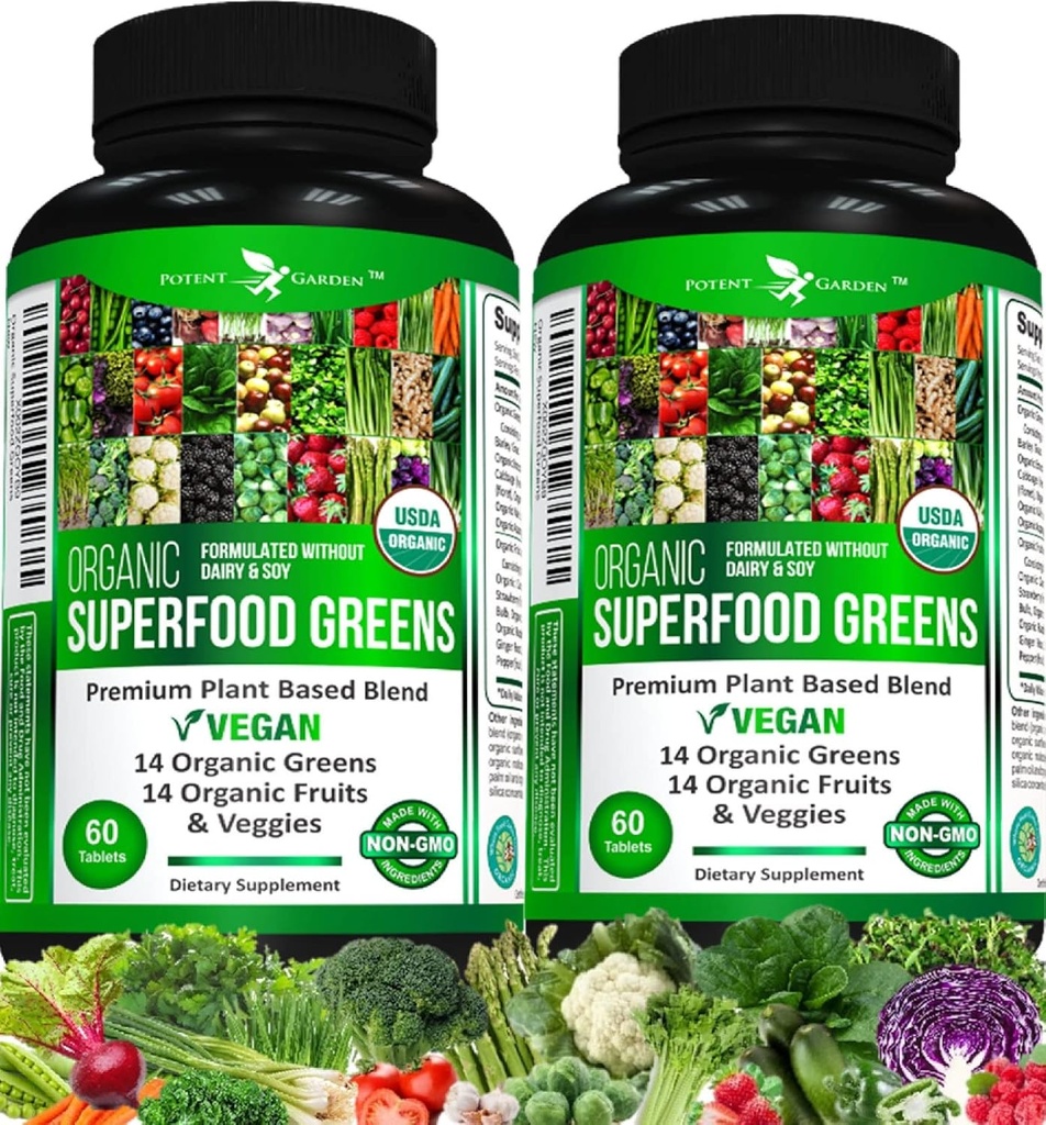 Potent Garden 2-Pack Organic Superfood Zielone, Owoce i suplement wegetariański bogaty w witaminy i przeciwutleniacze z Alfalfa, Buraki Root & Tart Cherry do Boost Energy, Immunitet & Gut Health, 120 Ct