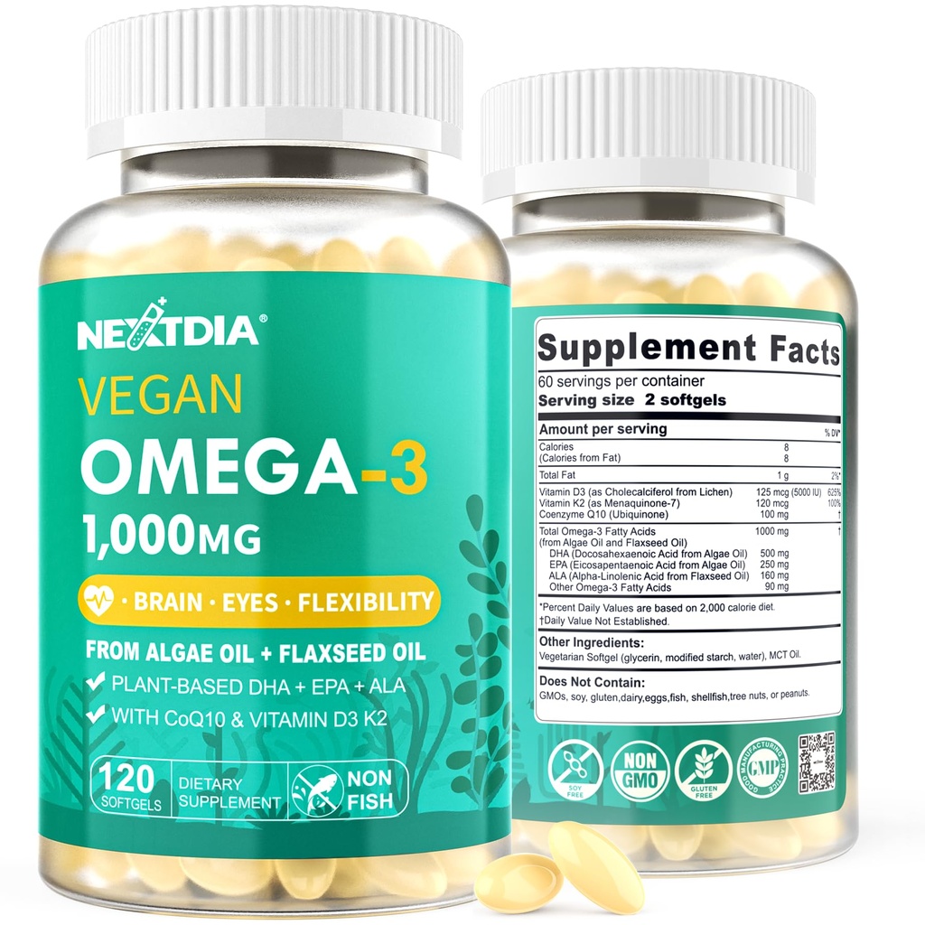 2 Pack Vegan Omega 3 D3 K2 CoQ10 Supplement, Plant Based DHA EPA ALA for Women Men, Omega 3 Organic Algae Flaxseed Oil Supplement for Bone, Brain, Eye & Immune Support, No Carrageenan, 240 Softgels