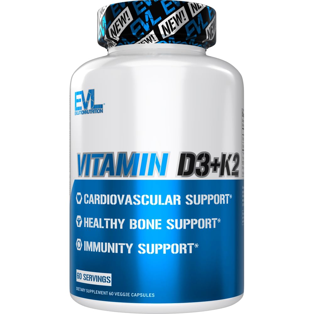 Evlution Nutrition Vitamin D3 K2 Supplement - 5000IU Vitamin D with 90mcg VIT K as MK7 per Serving for Heart Bone and Immune System Support - High Absorption Gluten Free Veggie Capsules (60 Servings)