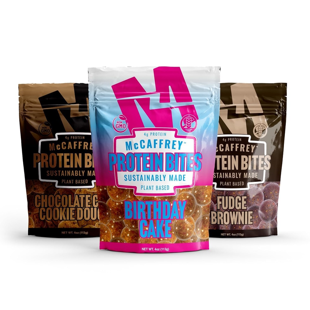 McCaffrey Protein Bites – Variety Flavor Pack – Fudge Brownie, Chocolate Chip, Birthday Cake - 3 Multi-Serving 4oz Bags – 4g of Protein per Serving – Gluten-Free, Vegan, High Fiber Energy Snack