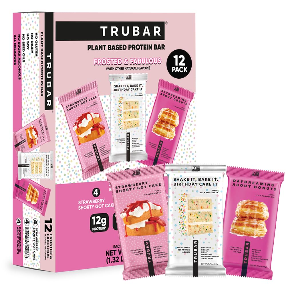 TRUBAR Vegan Protein Bars, Frosted & Fabulous Variety Pack, Donuts, Strawberry Shortcake & Birthday Cake, Gluten Free, Plant Based, High Fiber, Dairy Free, On the Go Healthy Snacks, 12 Count