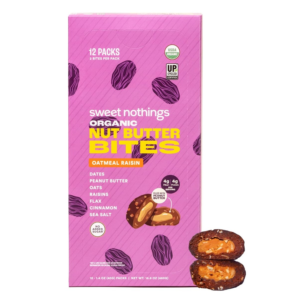 Sweet Nothings, Oatmeal Raisin, USDA Organic Nut Butter Bites Protein Bar, Nut & Date Snack, Filled with Peanut Butter, 12-2 Bite Value Packs - No Added Sugar, Good Source of Fiber, Only 7 Ingredients