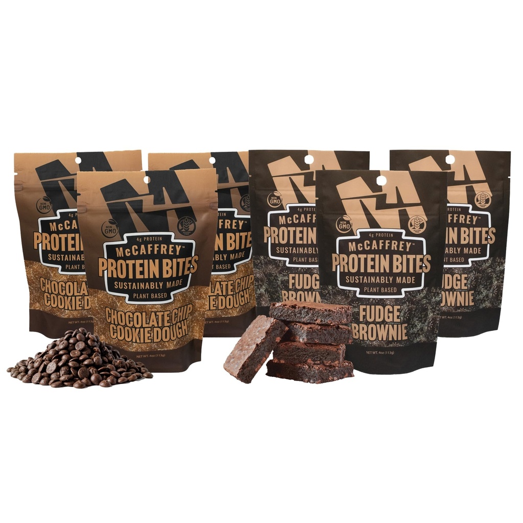 McCaffrey Protein Bites Chocolate Chip Cookie Dough + Fudge Brownie Bundle – 3-Pack of Each Flavor, Vegan, Gluten-Free High Fiber Energy Snacks with 4g Protein