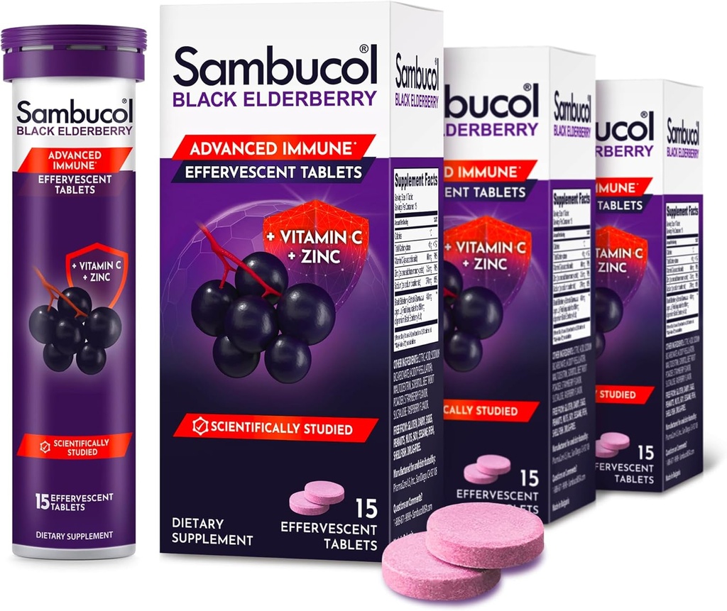 Sambucol Black Elderberry Tablets com vitamina C & Zinco - Suplemento de suporte imunológico, Black Elderberry com zinco e vitamina C Comprimidos efervescentes, Altos antioxidantes, Beber Fizzies - 15 Comprimidos