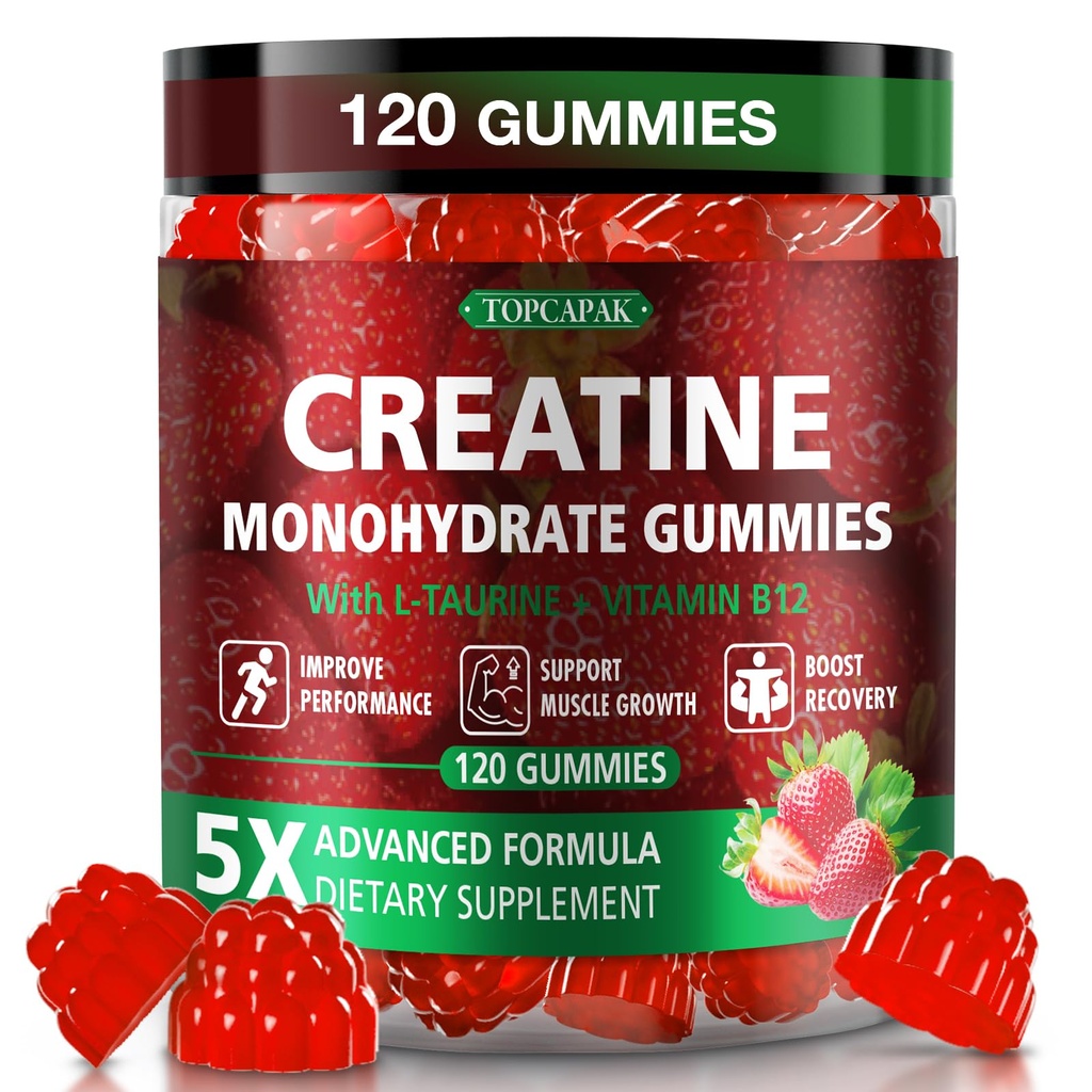 Creatine Gummies for Men & Women - Chewable Creatine Monohydrate Gummies with Taurine & Vitamin B12, 5g Creatine per Serving, Vegan, Strawberry Flavor, 120 Count