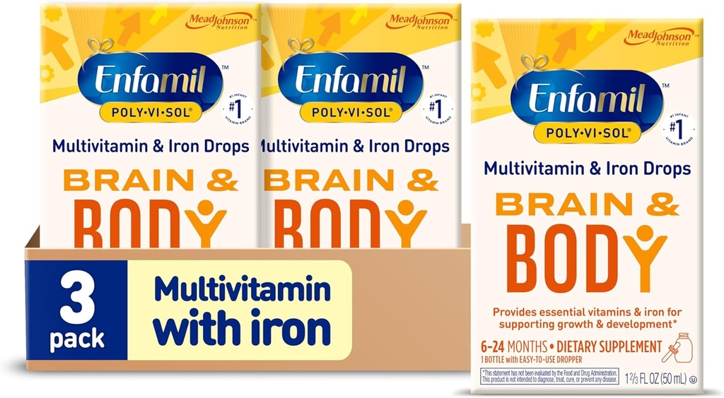Enfamil Poly-Vi-Sol burdin Liquid Multivitamin Drops-ekin, Hazkundea eta Garapena onartzen ditu*, 50mL botila (3ko paketea)
