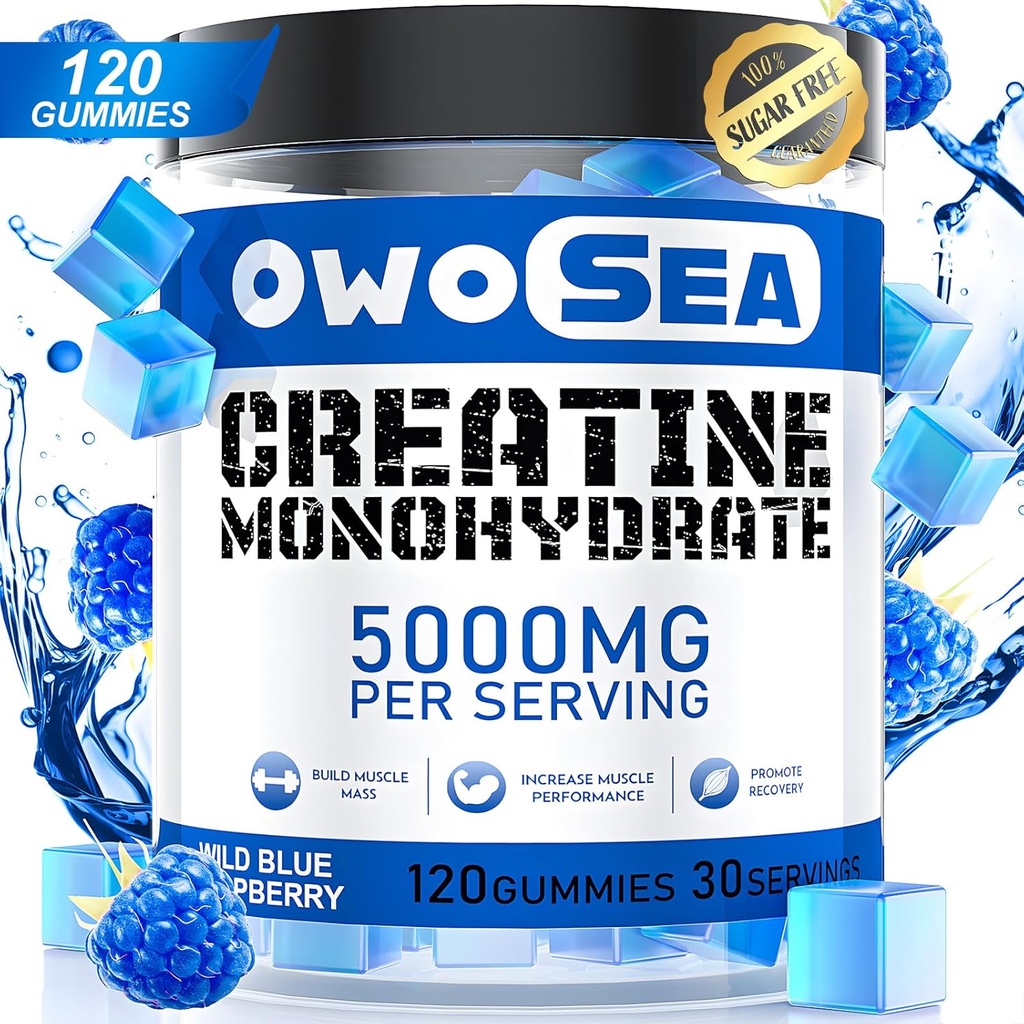 Creatina Monohidrato Gummies para homes e mulleres 5000mg Monohidrato de creatina por servir para o impulso de enerxía muscular 120 Conde Chewable 5g Suplemento de creatina Sugar Free Vegan (1 Pack, Blue Raspberry)