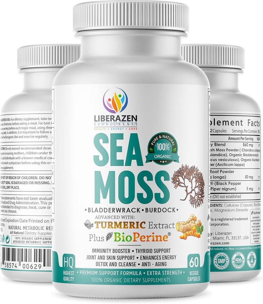 Organic Irish Sea Moss Piller - Wildcrafted Dr Sebi Inspired Seamoss Blende med gurkemeie, Burdock Root & Bladderwrack, Forbedret med svart pepper - 60 kapsler