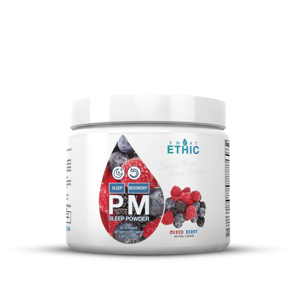 Sweat Ethic PM Sleep Powder, Naturally Flavored Bedtime Drink with Magnesium, Melatonin, GABA, and Chromax, Natural Sleep & Relaxation Support for Men & Women, Mixed Berry Flavor, 60 Servings