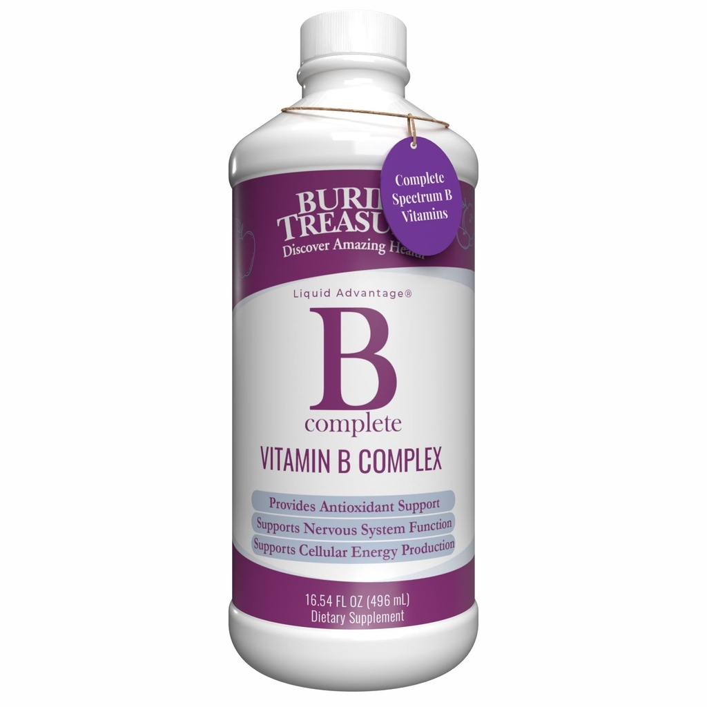 Buried Treasure B Complete - 16 Fl oz, All 8 B Vitamins with Methylated B12 & Methylfolate, Biotin, B1, B2, B6, Antioxidant Support, Liquid & Sugar-Free, B complex vitamins for Women & Men.