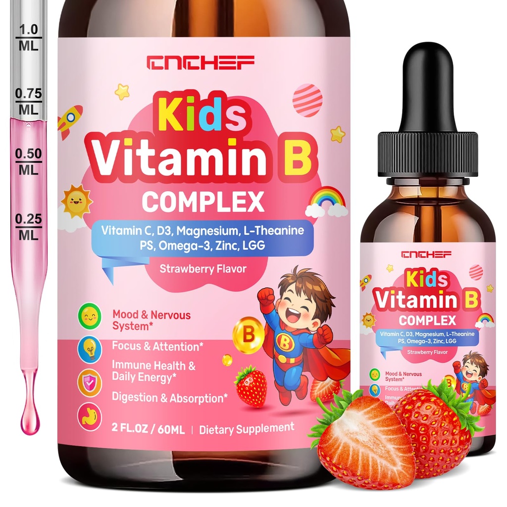 Vitamin B Complex for Kids, B1, B2, B3, B6, B9(Folate), B12, Omega-3 & Magnesium, Kids B Complex Liquid Supplement for Brain, Energy, Focus, Metabolism, Gut & Immune Support,Strawberry Flavor,2 fl oz
