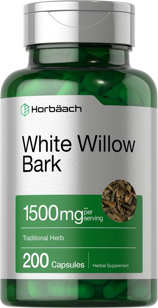 Horbäach White Willow Bark Capsules | 200 Pills | Max Strength | Non-GMO, Gluten Free Herb Extract