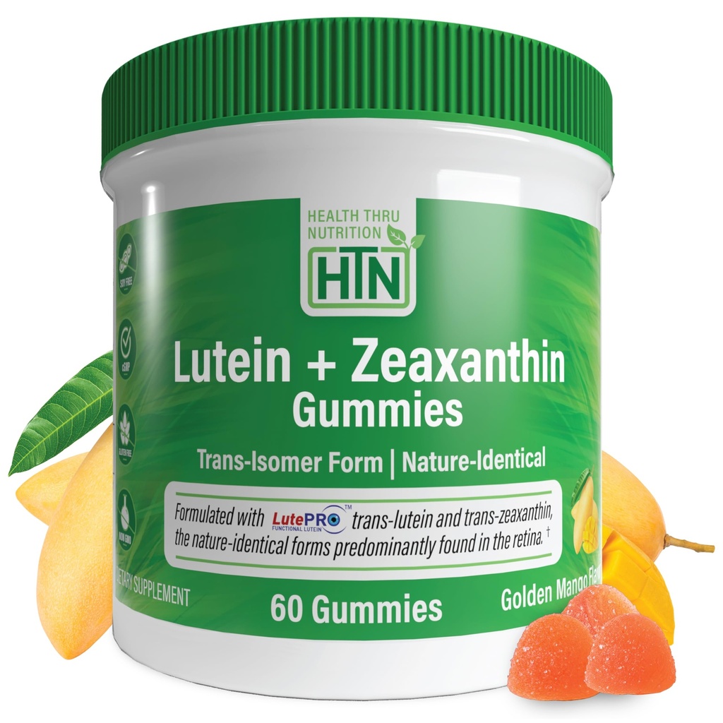 Health Thru Nutrition Lutein + Zeaxanthin Gummies | Trans-Isomer Form | 20mg Lutein & 4mg Zeaxanthin Trans-isomers | Golden Mango Flavor | Eye Support | Non-GMO, Vegan| 60 Gummies