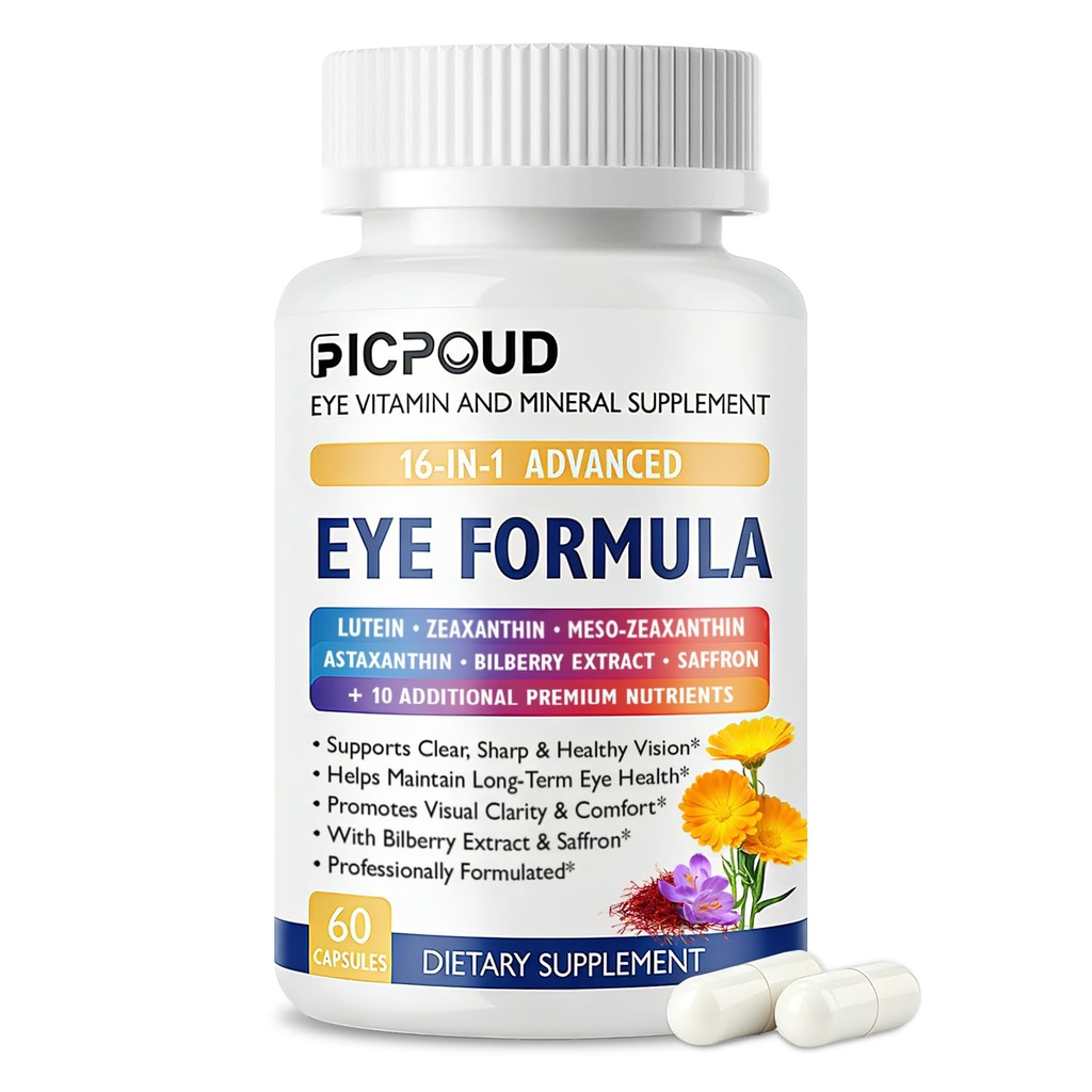 16 in 1 Advanced Eye Formula, Eye Vitamins and Mineral Supplement with Lutein 20mg, Zeaxanthin 4mg & Meso-Zeaxanthin 10mg, Astaxanthin, Omega 3, Bilberry & Saffron, Eye Wellness, 60 Capsules
