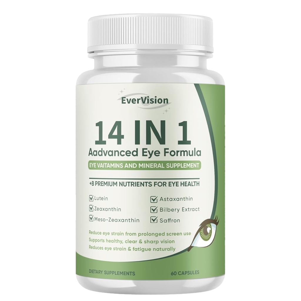 14 in 1 Advanced Eye Formula - Eye Vitamins & Minerals Supplement with Lutein, Zeaxanthin, Astaxanthin, Bilberry, Zinc, 14-in-1 Formula for Eye Health Support - 60 Capsules (1)