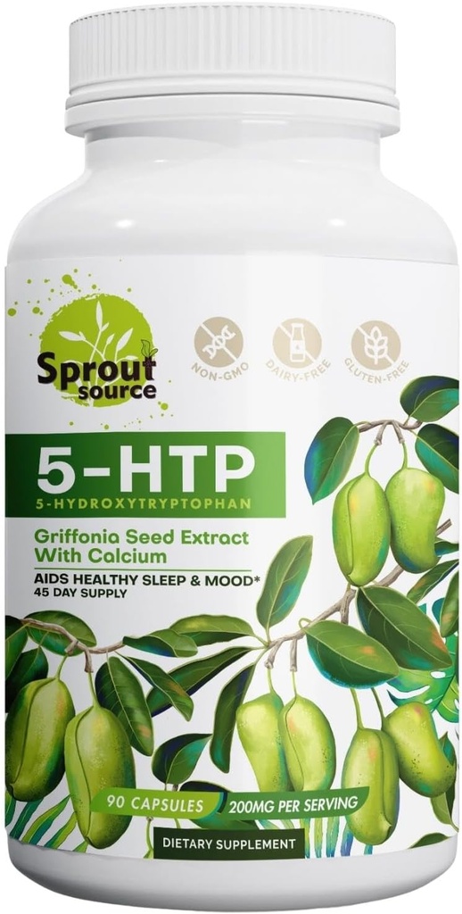 5- HTP Suplement 200mg, Wspiera zdrowy sen i nastroje z wapnia - Non-GMO, Gluten- Free - 90 Kapsułki