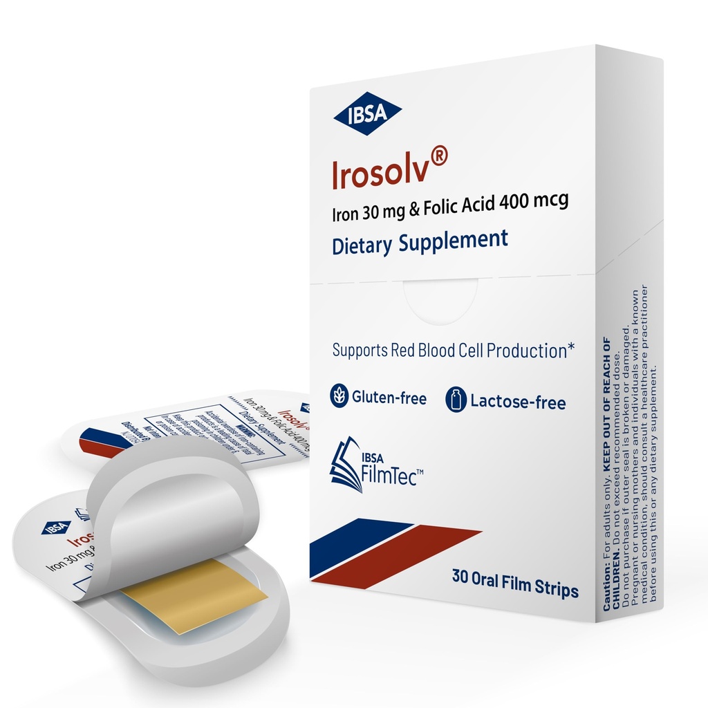 Irosolv – IBSA Iron - Dietary Supplement – 30 mg Iron 400 mcg Folic Acid-30 Oral Dissolving Films for Immediate Release and Tolerability - Gluten-Free, Lactose-Free, Sugar-Free, Non-GMO