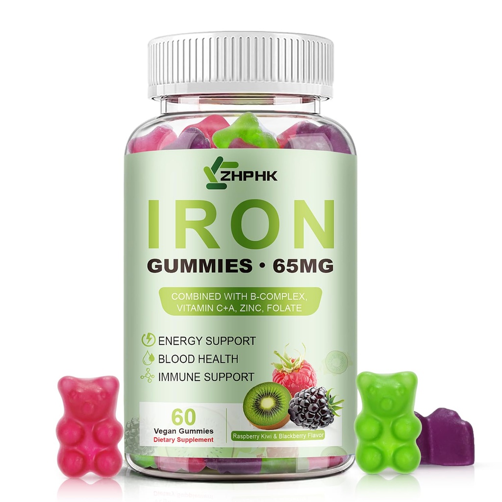 Iron Supplement for Women, Men & Kids, 65mg & Vitamin C 250mg per Serving with B6 B12 Folate- Energy Support for Iron Deficiency, Anemia, Vegan GummyRaspberry Kiwi & BlackBerry Flavor, 60 Gummies