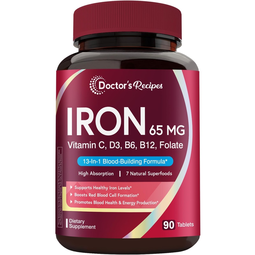 Doctor's Recipes Iron Supplement for Women & Men, Iron 65 mg with Vitamin C, D3, B6, B12, Folate, Beet Root, Pumpkin Seeds, for Energy & Red Blood Cell Support, 90 Tablets