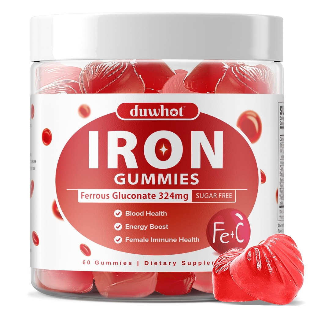 Iron Supplement for Women Teen Girls, Ferrous Gluconate 324 mg, Iron Gummies with Vitamin C, A, B, Folate, Copper, Zinc, Energy & Blood Support, Immune Health, Sugar Free 60 Gummies