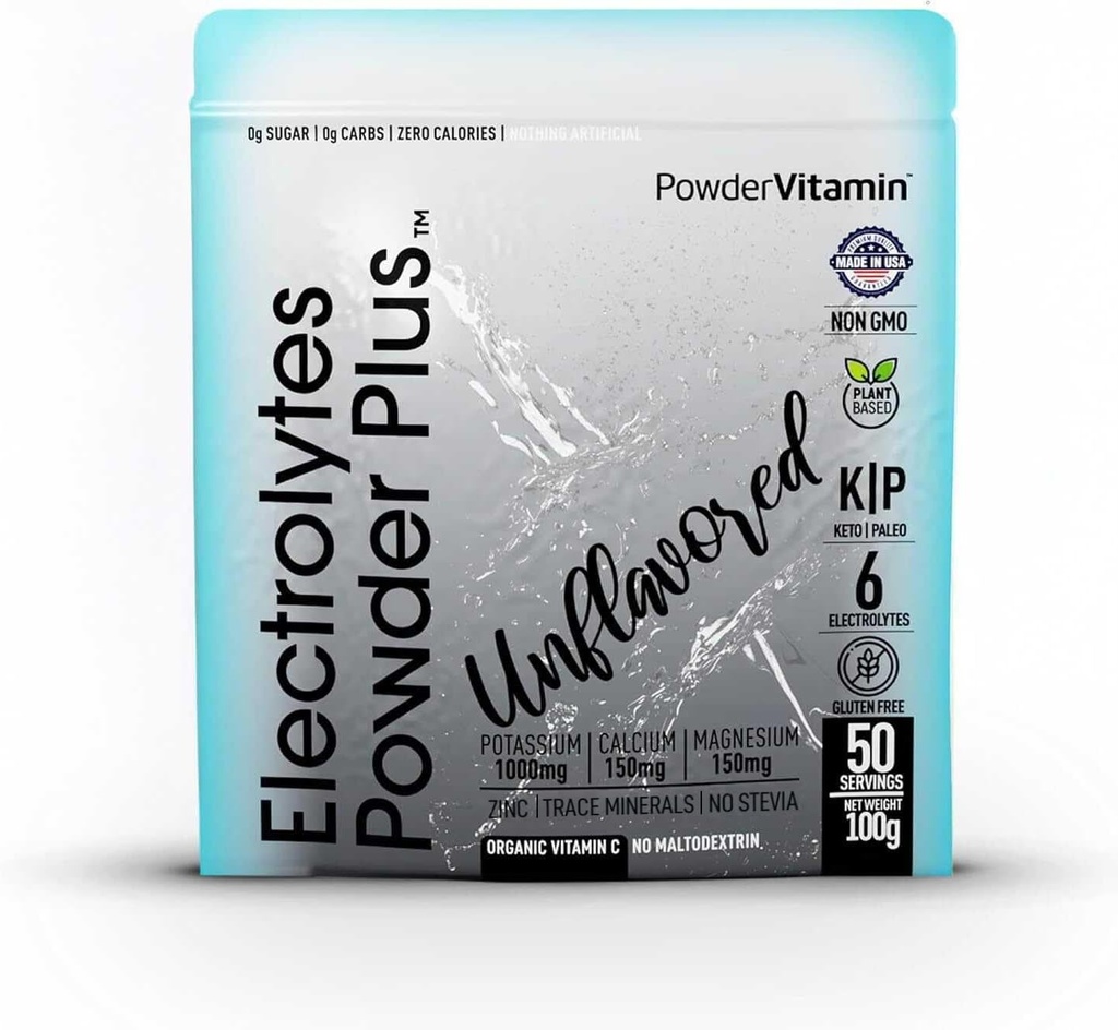 TozVitamin Electrolytes Toz Plus (50 Xidmət) Unflavored Electrolyte Toz Keto, Sugar Free, Pink Himalayalar Salt., 1000mg Pium,150mg kalsium,150mg maşın, NOvia Stevia