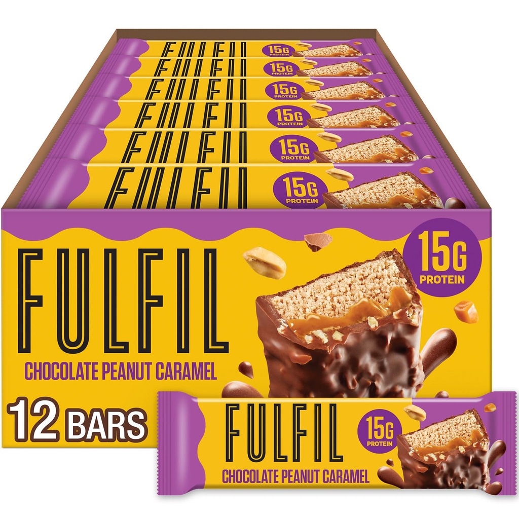 FULFIL Protein Snack Bars, Chocolate Peanut Caramel Flavored, Gluten Free with 15g Protein, Pantry Staples, 12 Count