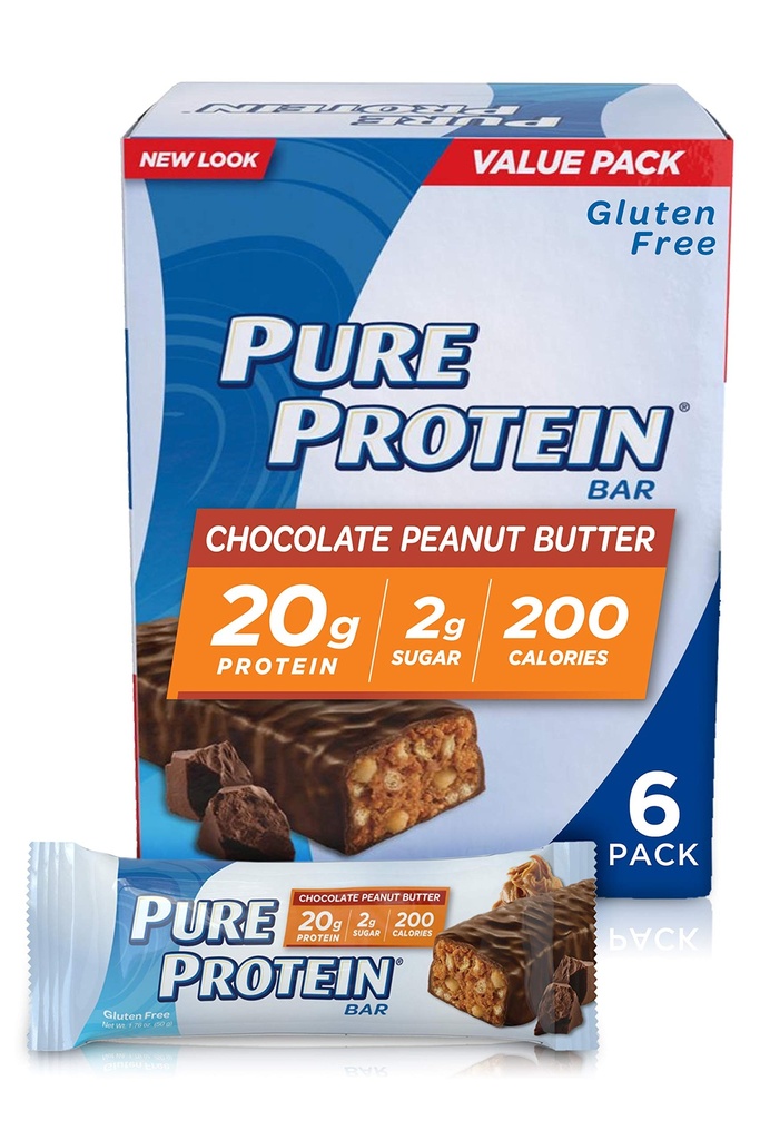 Pure Protein Bars, High Protein, Nutritious Snacks to Support Energy, Low Sugar, Gluten Free, Chocolate Peanut Butter, 1.76 oz, Pack of 6
