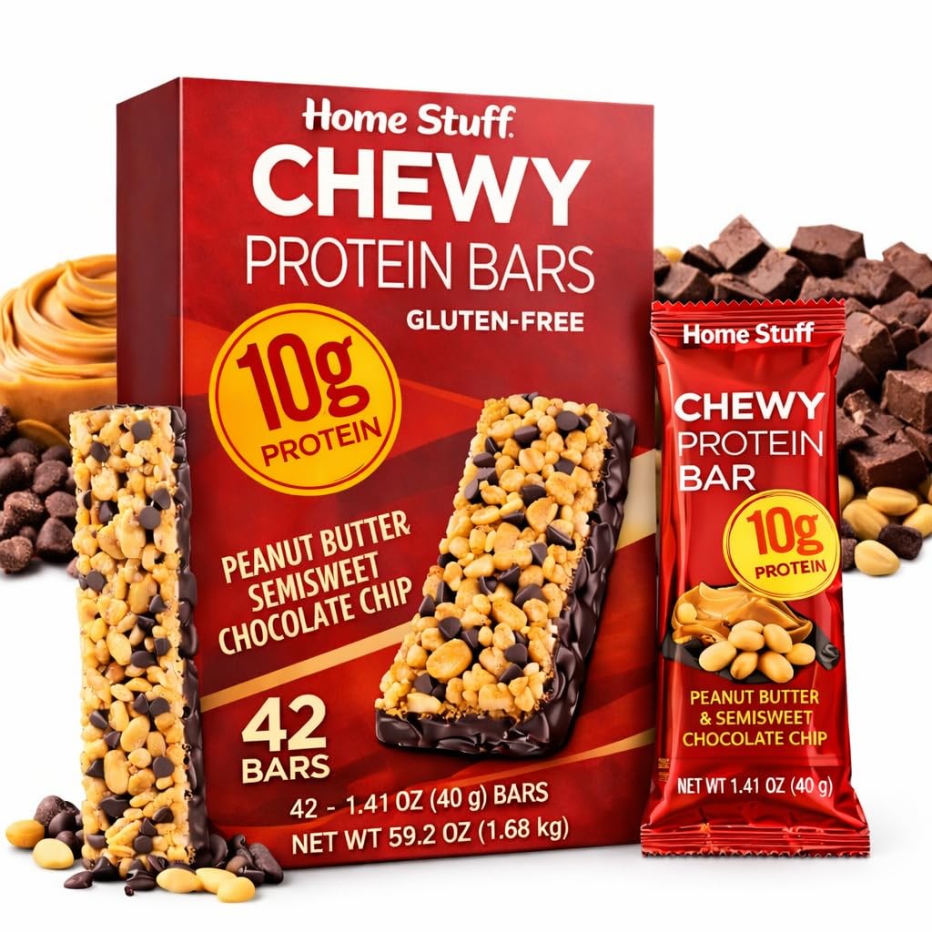 Kirkland Peanut Butter & Semisweet Chocolate Chip Protein Bars – 10g Protein, Gluten Free, Kosher, 42 Count, 1.41 oz Bars, Net Wt 59.2 oz