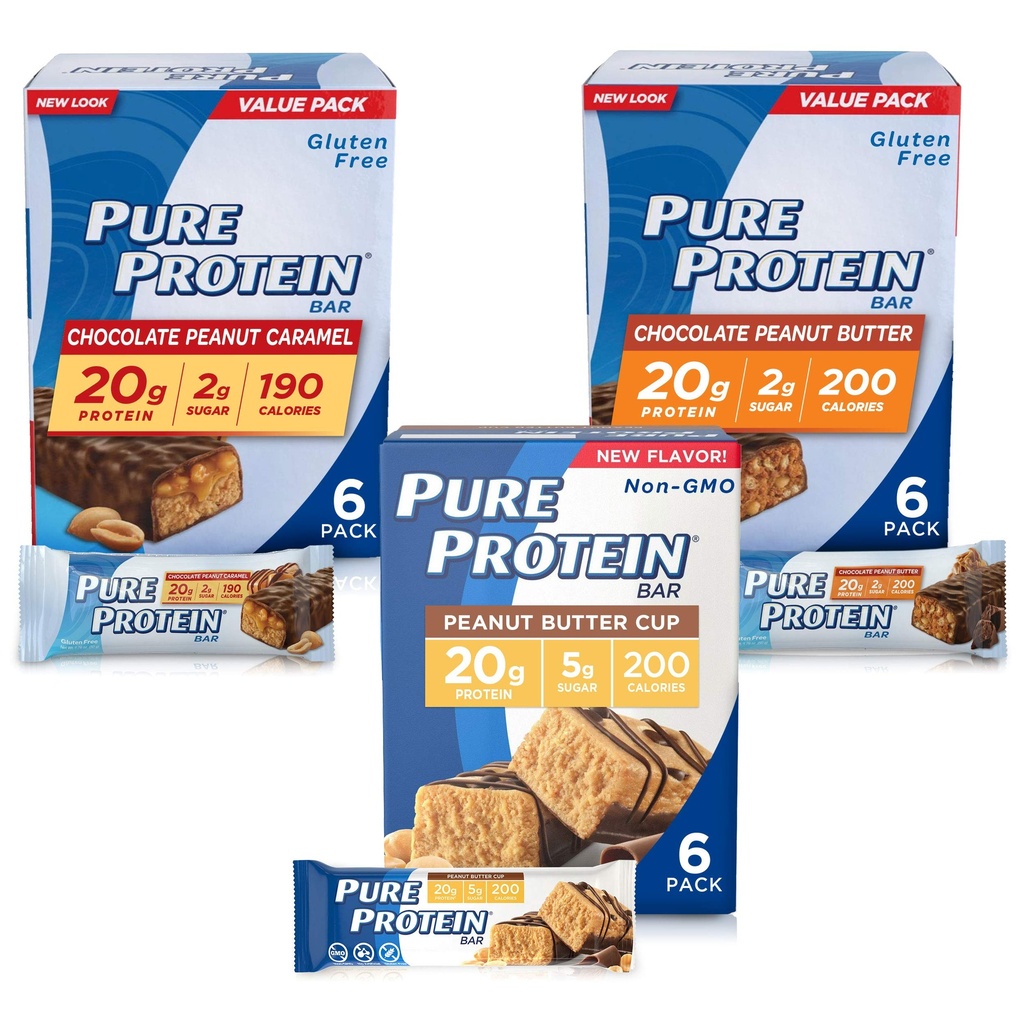 Pure Protein Bars, High Protein, Nutritious Snacks to Support Energy, Low Sugar, Gluten Free, Peanut Butter Lovers Variety Pack, 1.76 oz, Pack of 18