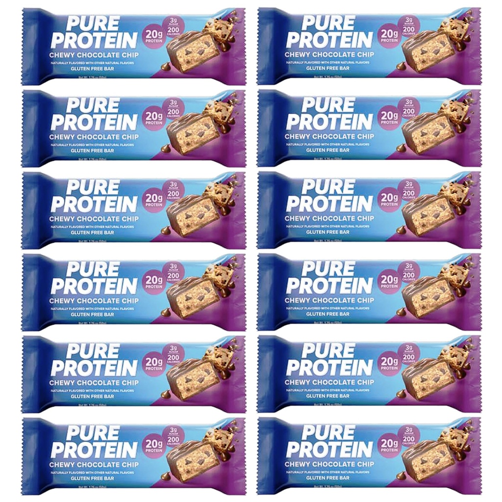 Pure Protein Bars, High Protein, Nutritious Snacks to Support Energy, Low Sugar, 1.75 oz Gluten Free, 12 Count Chewy Chocolate Chip