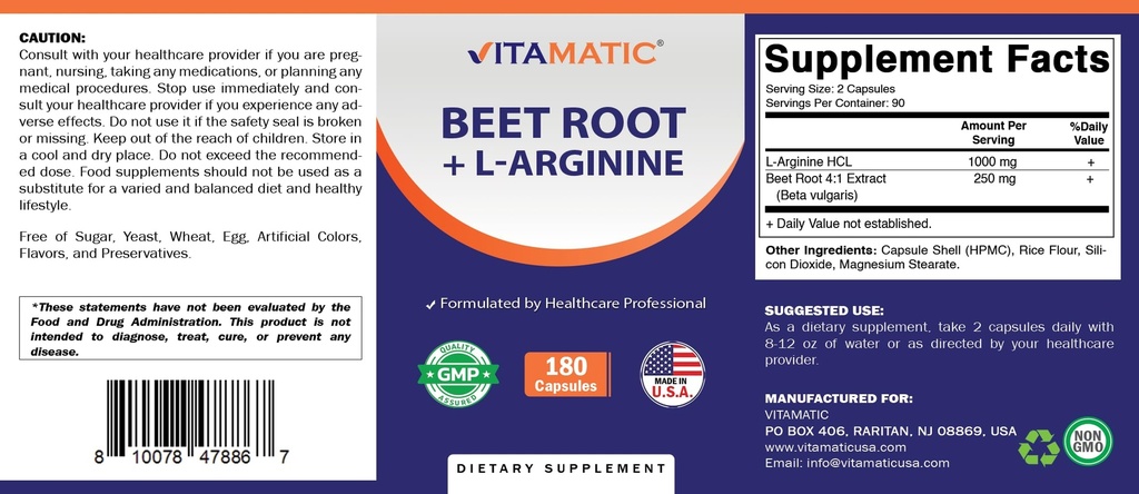 Vitamatic Beet Root + L-Arginine Capsules – 1000 mg L-Arginine HCl & 250 mg Beet Root Extract – Nitric Oxide Support, Heart & Circulation Health – 180 Veg Capsules – Non-GMO, Made in USA