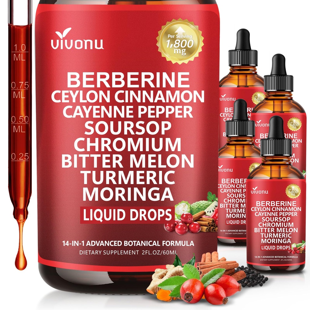 14-in-1 Berberine with Ceylon Cinnamon Supplement Liquid Drops, 1800mg + 30:1 Liposomal Tech with Cayenne Pepper Soursop Chromium Bitter Melon Turmeric Moringa Gymnema Glucomannan, GLP Support 4Bottle